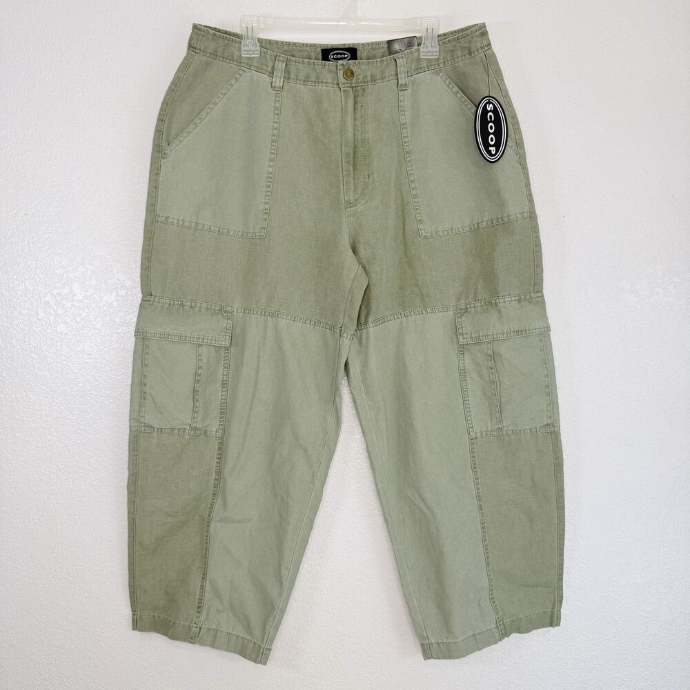 Scoop Linen Blend Cargo Barrel Pants Size 14 Green Resortwear Coastal Streetwear